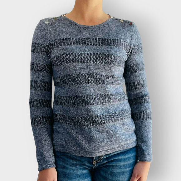 J. McLaughlin Randy Stripe Sweater Knit Scoop Neck Long Sleeve Metallic Blue S - Picture 10 of 10